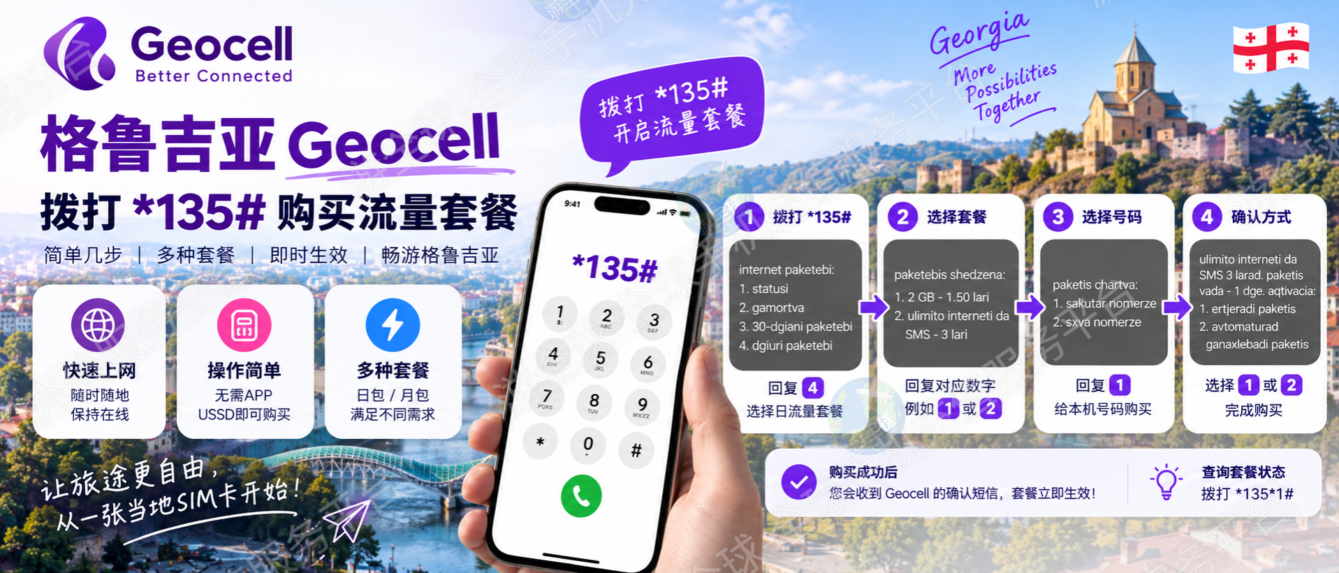 格鲁吉亚 Geocell 怎么购买流量？*135# 流量套餐开通教程