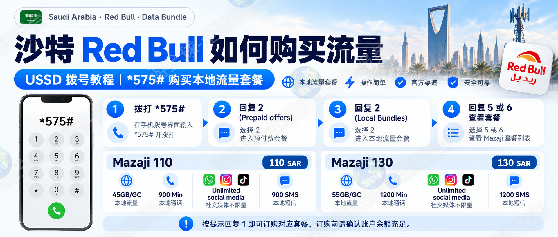 沙特 Red Bull Mobile 怎么买流量？*575# USSD 套餐购买完整教程 - 游全球
